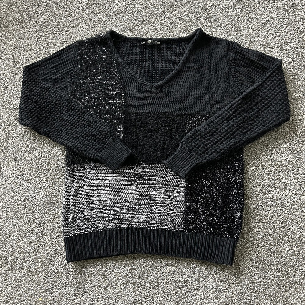 BKE Sweater Womens Large Black V Neck Geometric Glitter Chunky-Knit Stretch